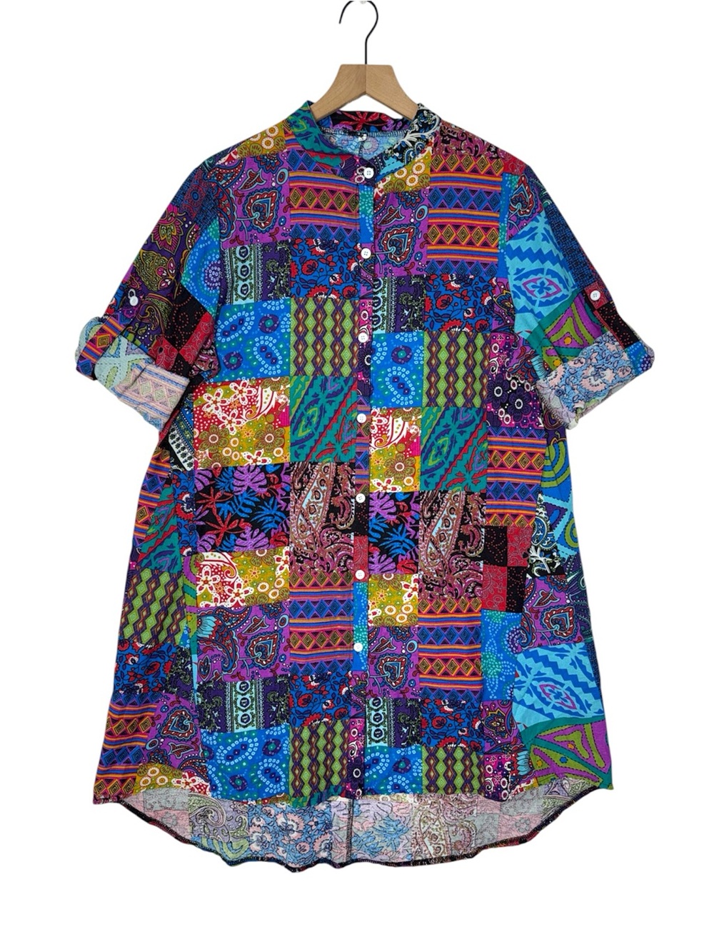 Colorful Button Down Patchwork Style Maxi Dress Collared Adjustable Sleeve Boho